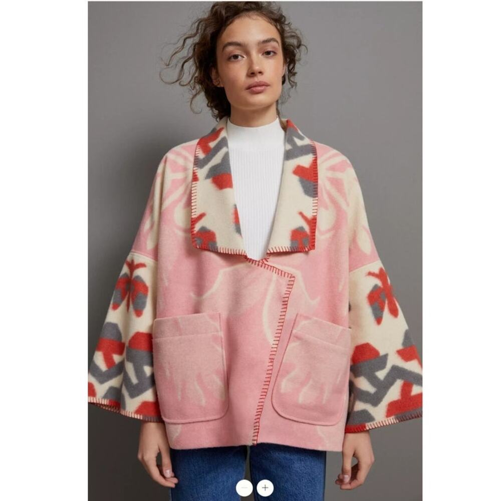 Anthropologie Heidi Kimono Jacket Pink Cream Print Size XS